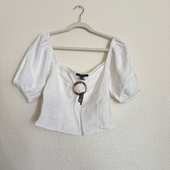 FOREVER 21 Women White Solid Puff Sleeved Top with Gathers - Picture 5 of 11